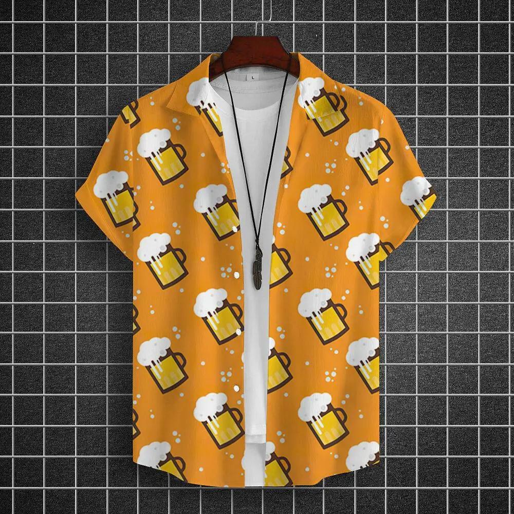 Men's Summer Short Sleeve Hawaiian Shirt Beach Holiday Print Shirt Top 100% Polyester Men's Beer Print Short Sleeve Shirt