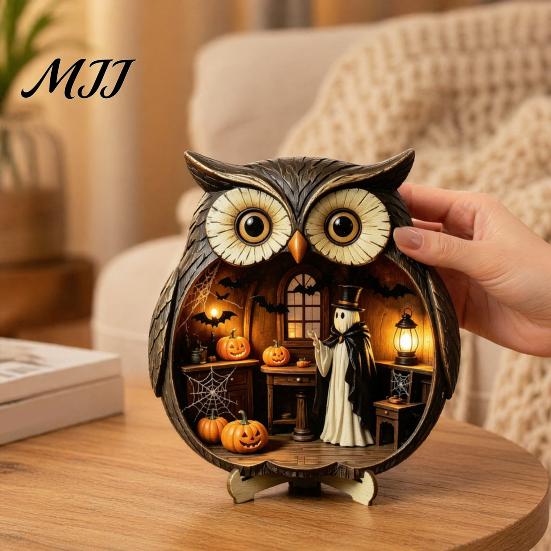 Wooden Halloween Figurine Owl Tabletop Centerpiece, 2D Flat Pumpkin Ghost Bat with Ghosts Decoration Skeleton Standing Table Sign for Party,