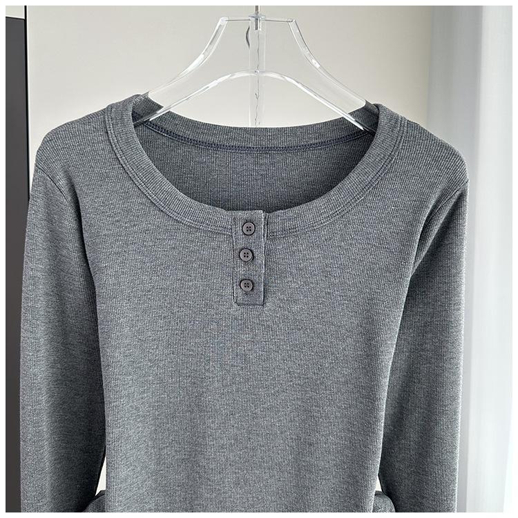 Women Ribbed Round Neck Top Long Sleeve Slim Stretch Inner Outer Basic Daily Wear