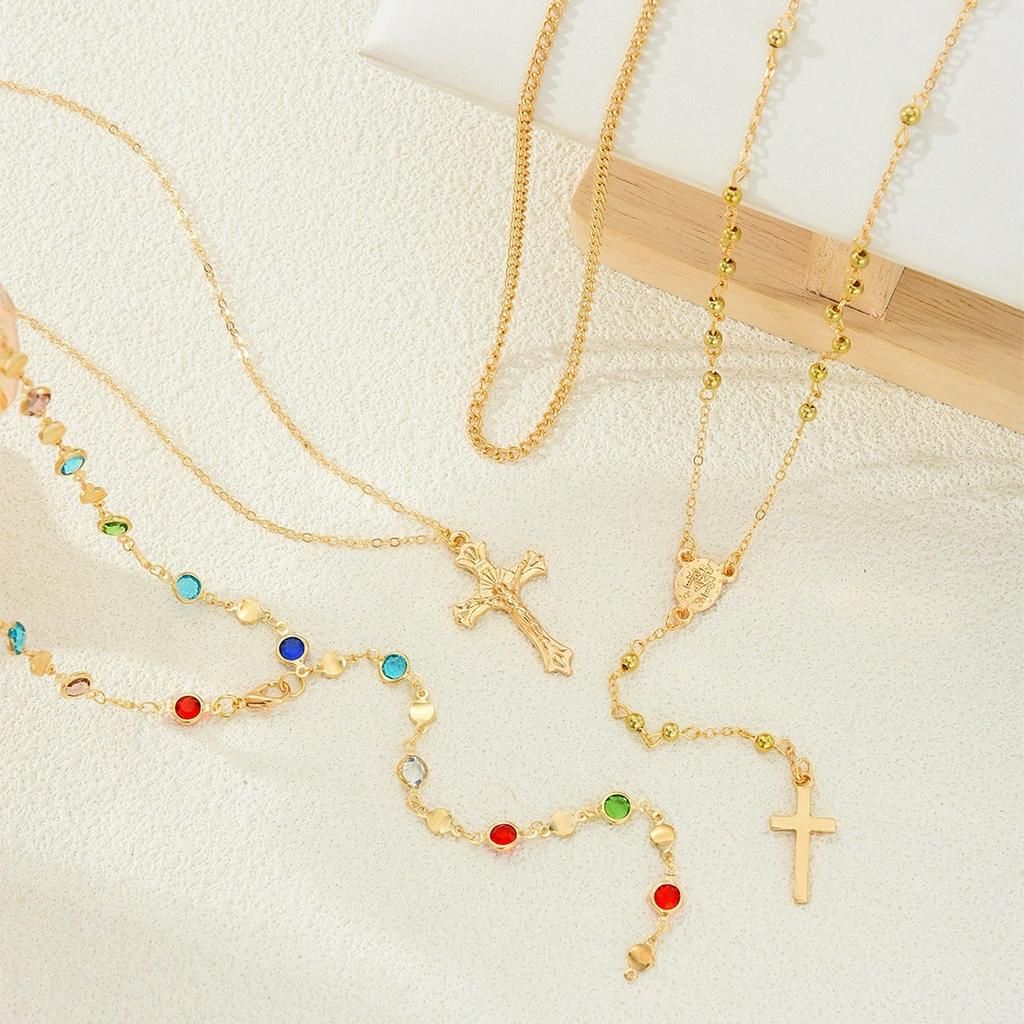 1 Set Cross Luxury Rhinestone Pendant Necklace Set for Women Vintage Simple Colorful Crystal Long Y-shaped Y2K Party