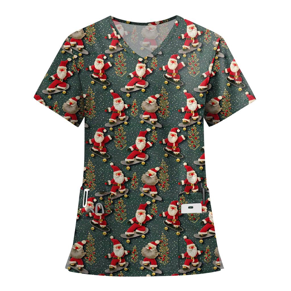 Women's Fashion Printed Short Sleeve V Neck Pattern Tops Pocket Working T-shirts