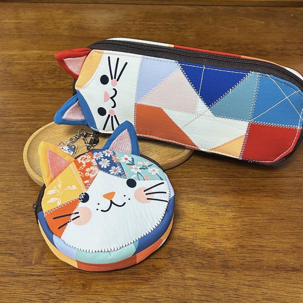 Portable Patchwork Pencil Case Cat Large Capacity Stationery Pouch Stationery Storage Bag Gift