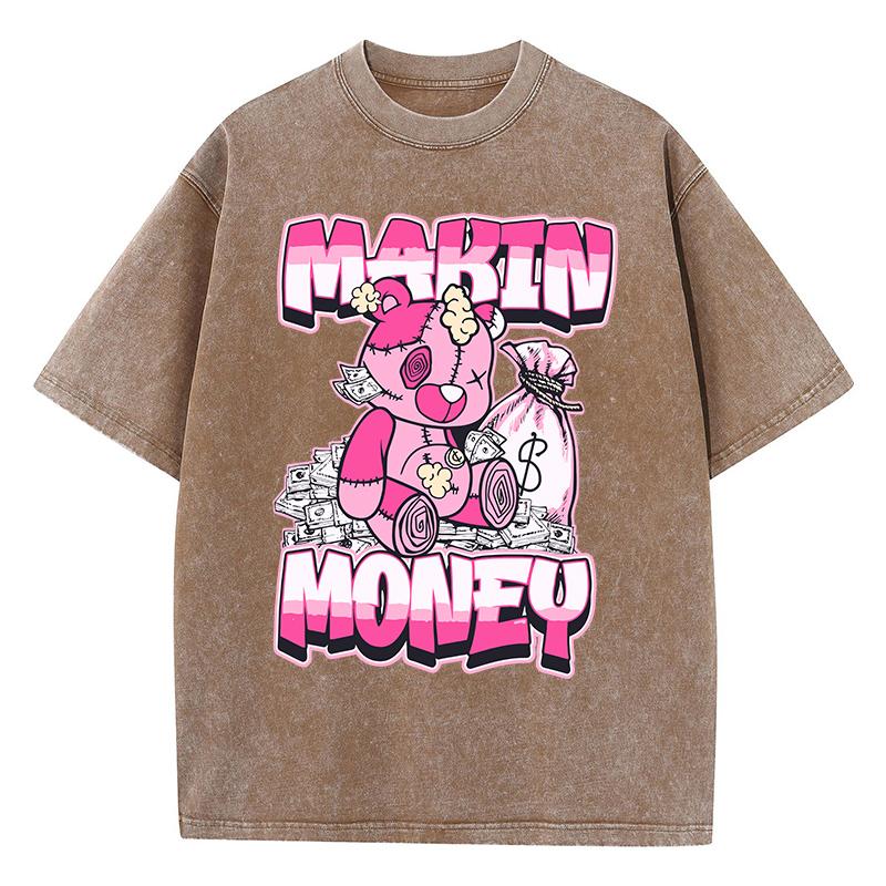 Street Women Washed T-Shirts Making Money Bear Printing Tops Comfortable Crewneck Cotton Oversize Tees Summer Clothes