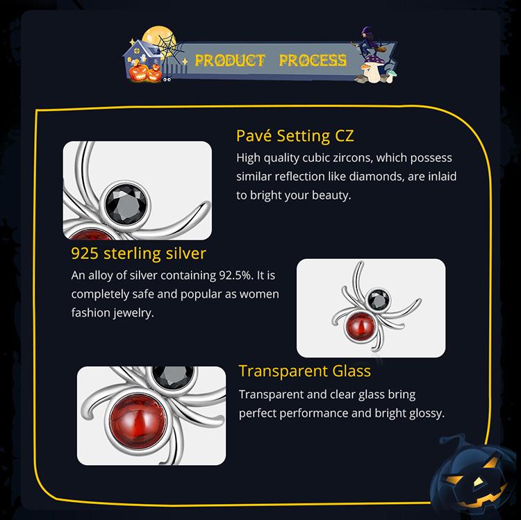 BAMOER 925 Sterling Silver Cool Black Red Spider Stud Earrings For Women Cute Girl Ear Studs Halloween Collection Jewelry Gift