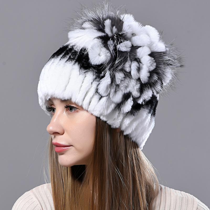New Luxury Women Fur Hat For Winter Handmade Natural Rex Rabbit Fox Fur Cap Fluffy Female Fur Headgear Brand Warm Beanies Cap