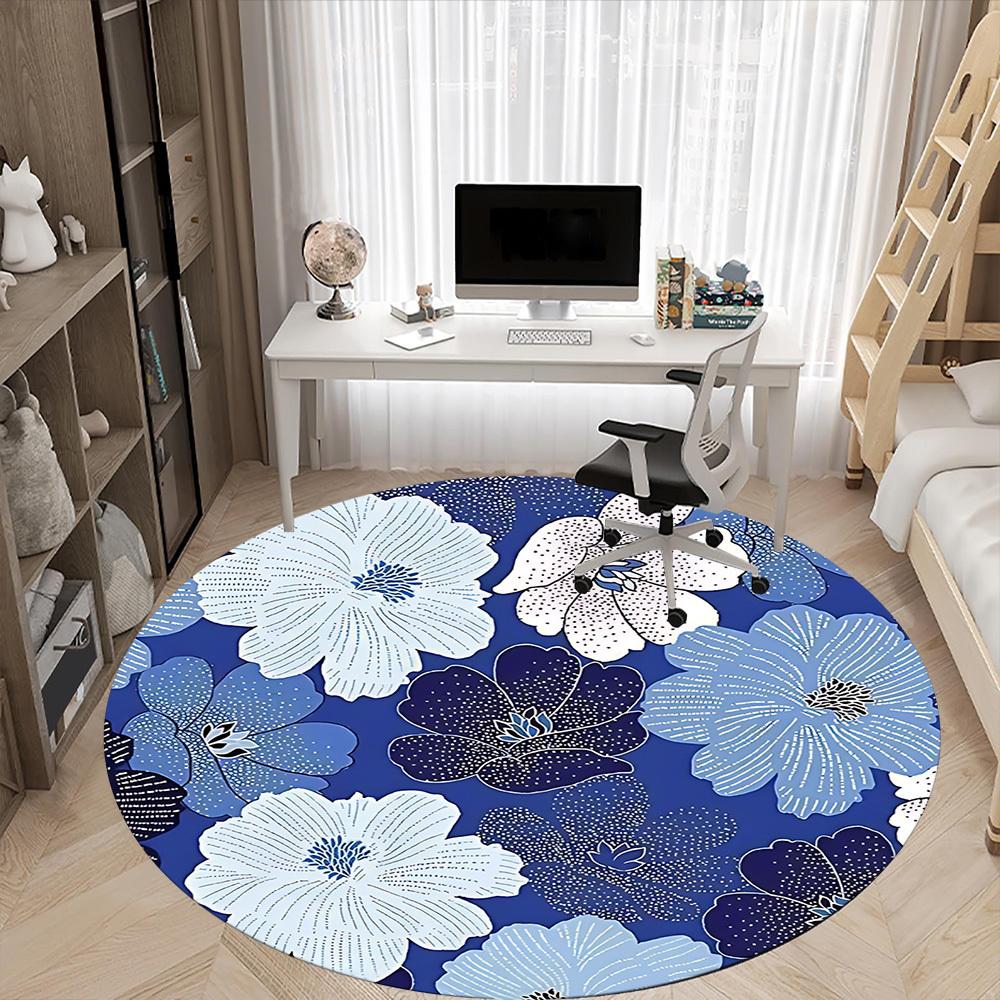 1pc Floral Blue Office Round Area Rug,  Mat Suitable For Office, Under Office Chairs Bedroom Living Room Home Decor, Room Deco