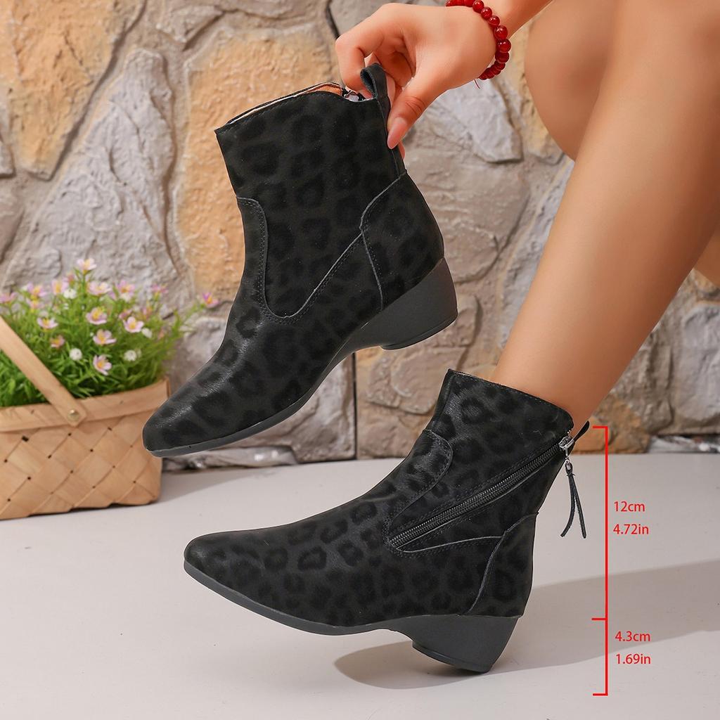 Autumn and Winter Leopard Print Thick Heel Medium Heel Comfortable Large Size Fashion Boots Women's Side Zipper Women's Boots