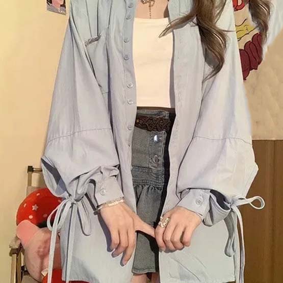 

WTEMPO сине-белые рубашки с длинными рукавами, женские весенне-осенние однотонные рубашки-кардиганы, солнцезащитные рубашки с отложным воротником, пальто XXL синий