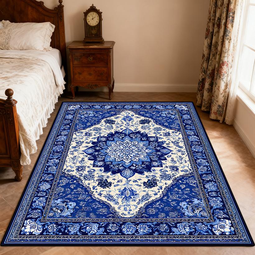 New Classical Carpet Decoration Bedroom Bedside Washable Short Velvet Rug Outdoor Balcony Foldable Soft Floor Mat Blue White