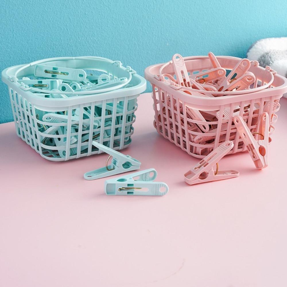 30Pcs With Basket Clothes Pegs Plastic Quilt Towel Clips for Socks Underwear Towels