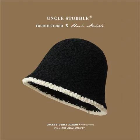 Xiaoxiangfeng plush bucket hat female face small plain knitted bucket hat big head circumference hat