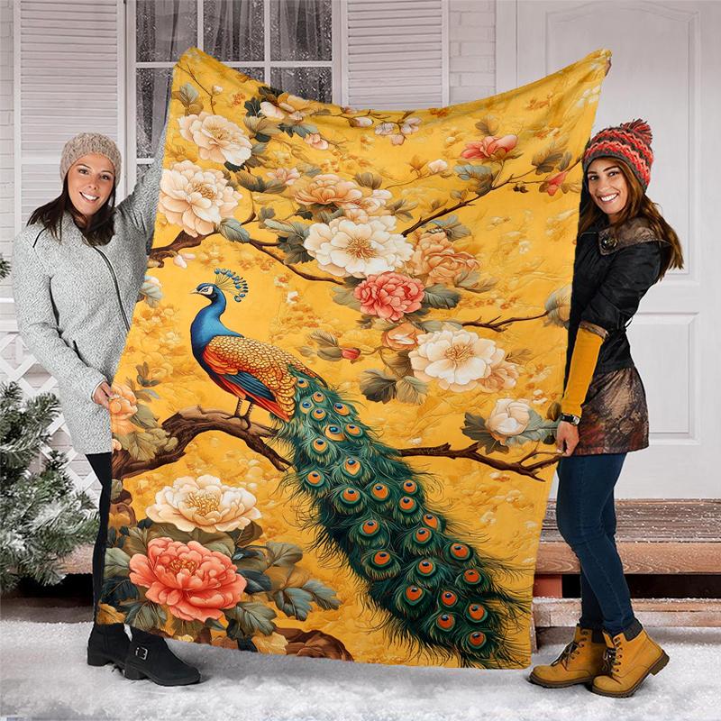 Peacock Flowers blanket Personalized Name Flannel Blanket Soft Cozy Plush Throw for Sofa Bed Lightweight Home Décor