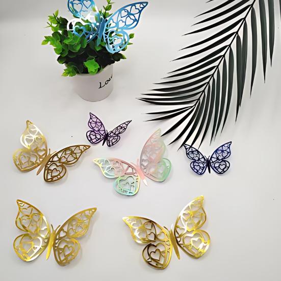 12 Stück 3D-Schmetterlings-Wandaufkleber 3 Größen Schmetterlinge Wandsticker Abnehmbar DIY Hohl Metallisch Schmetterlings-Aufkleber für Kinderzimmer Kinderzimmer Geburtstag