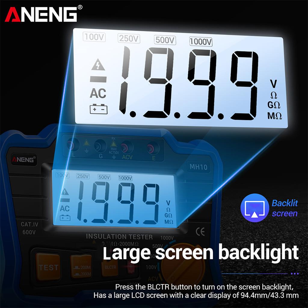 ANENG MH10 Digital Megohmmeter Insulation Resistance Tester 100V/ 250V/ 500V/ 1000V Voltmeter LCD Display Screen Multimeter