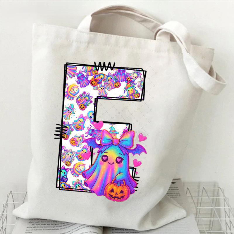 Halloween Alphabet Canvas Bag Going Out Portable Handbag Women's Large Capacity Casual Shoulder Crossbody Bag