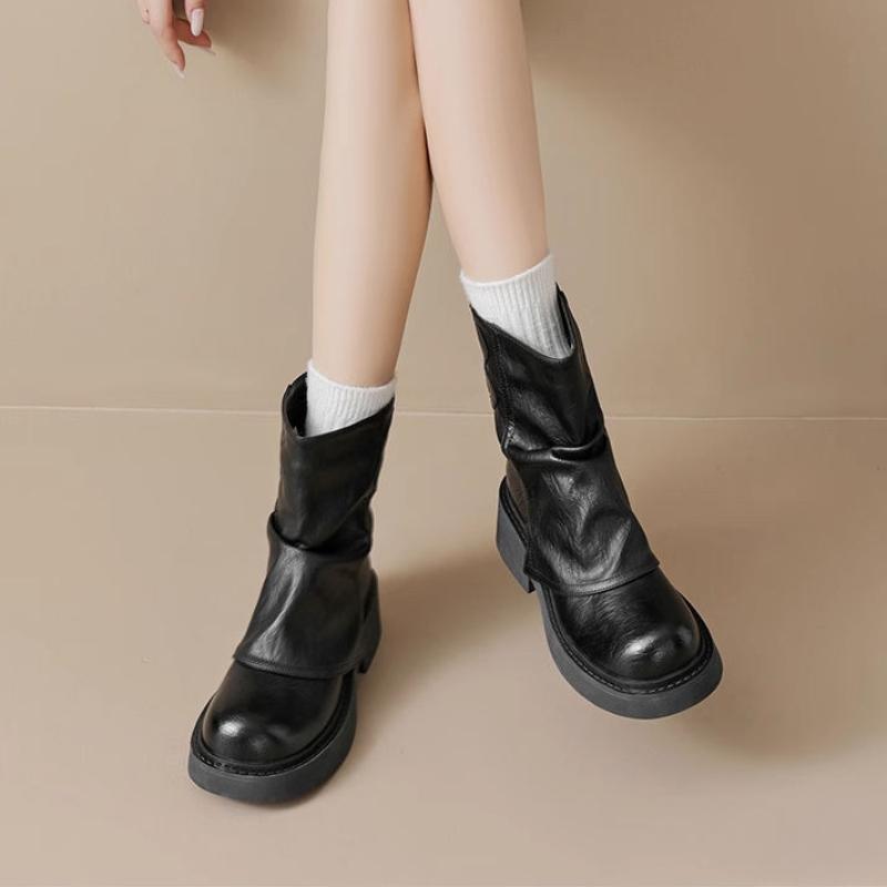Winter Fashion Boots Flat Heeled Mid-calf Platform Boots Retro Style Comfort Shoe Botas De Outdoor Ankle Boots for Women