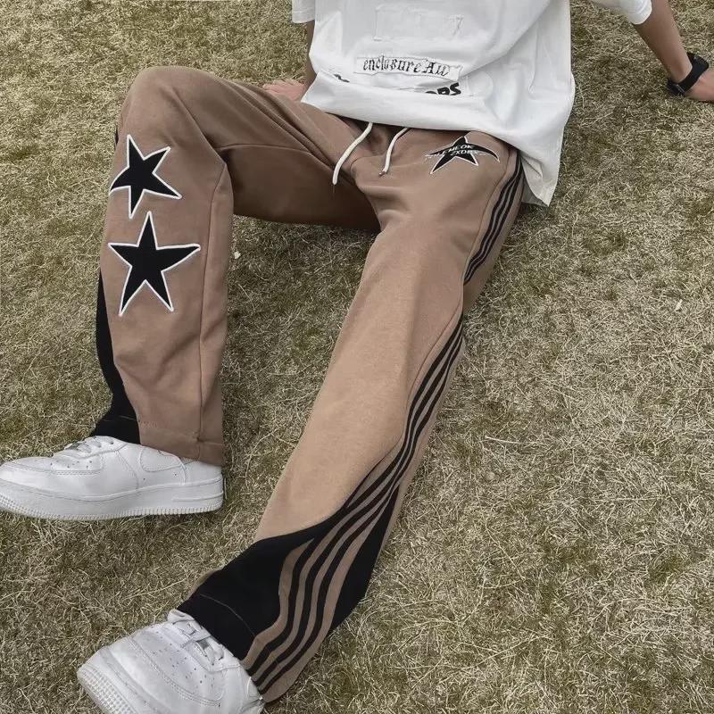 

Повседневные прямые брюки унисекс в стиле ретро с вышитыми звездами - модный весенний крой XL коричневый