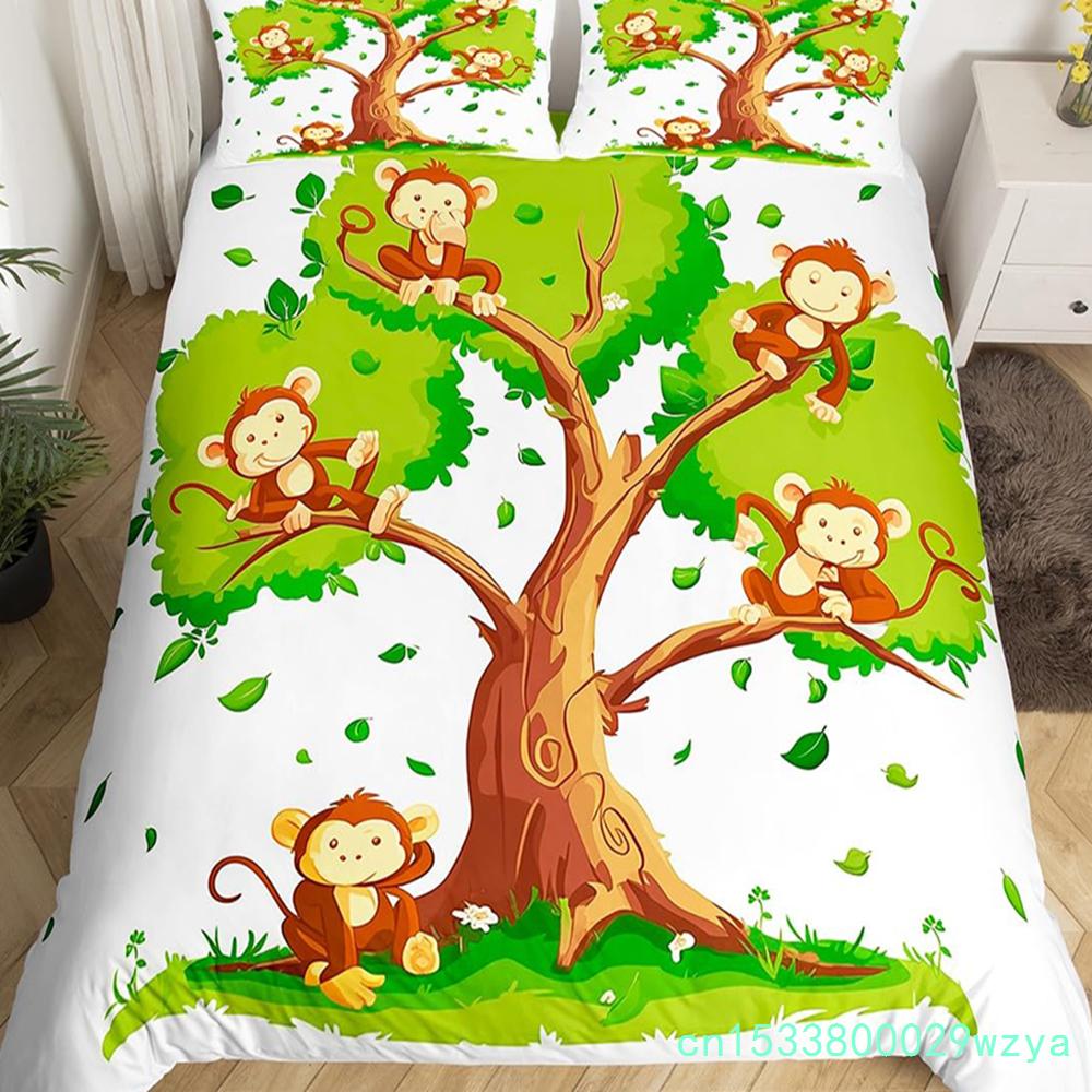 Cute Monkey Bedding Set Full Twin Cartoon Banana Stars Duvet Cover Tropical Wild Animal Fruit Comforter Cover Yellow Quilt Cover