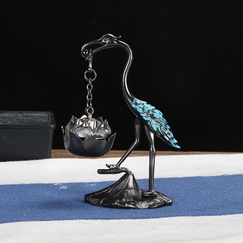 1Pc Elegant Crane Lotus Flower Incense Burner Metal Home Decor with Creative Line Holder