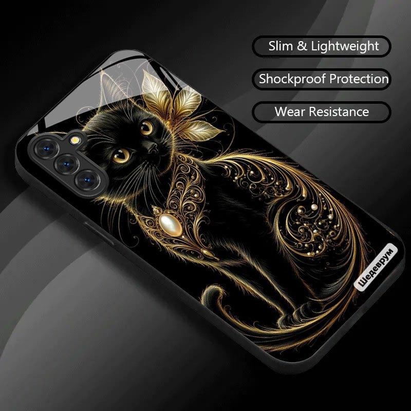 Black Gold Meow Charm Tempered Glass Phone Case Suitable for Samsung Galaxy S26 S25 S24 S22 S21 S20 FE/Ultra/Plus5G Anti Drop