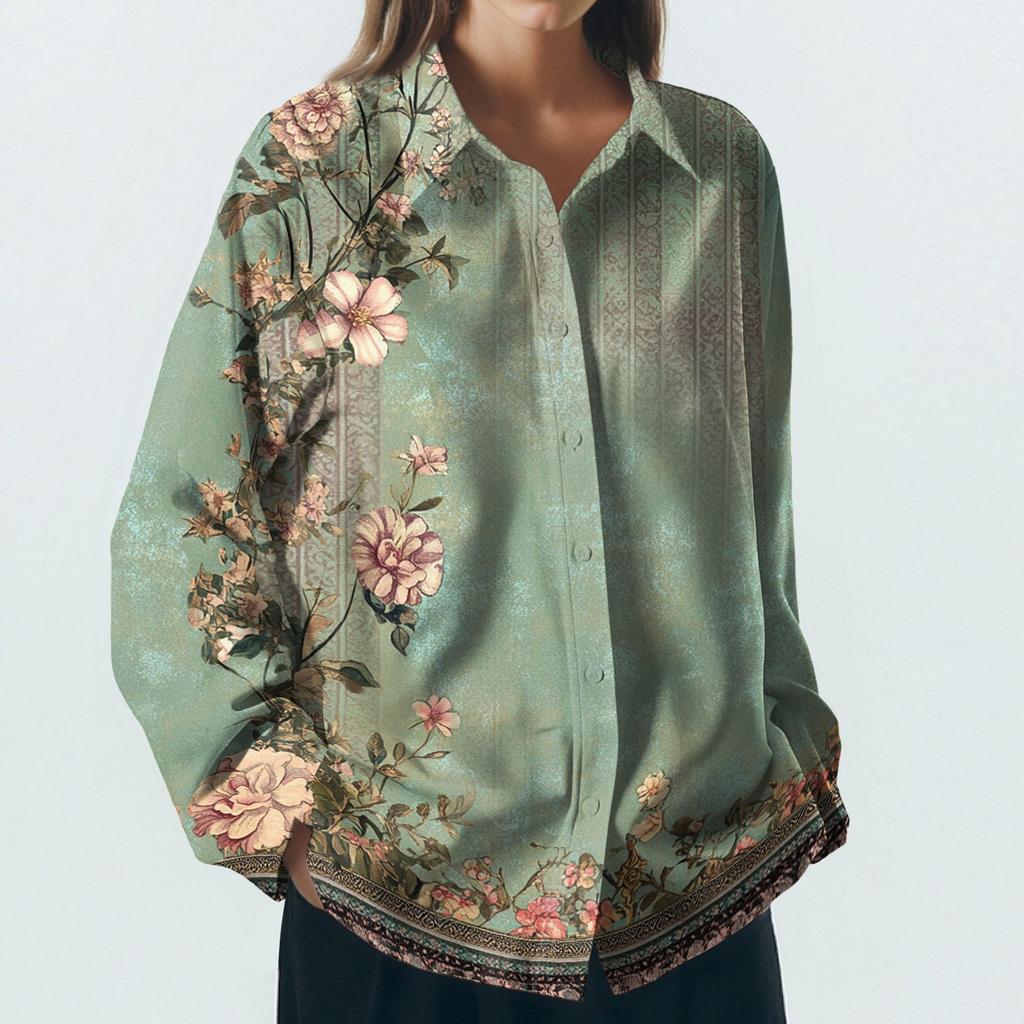 Women's Shirt With Floral Print Buttons, Long Sleeved Casual Regular Shirt Collar Top
