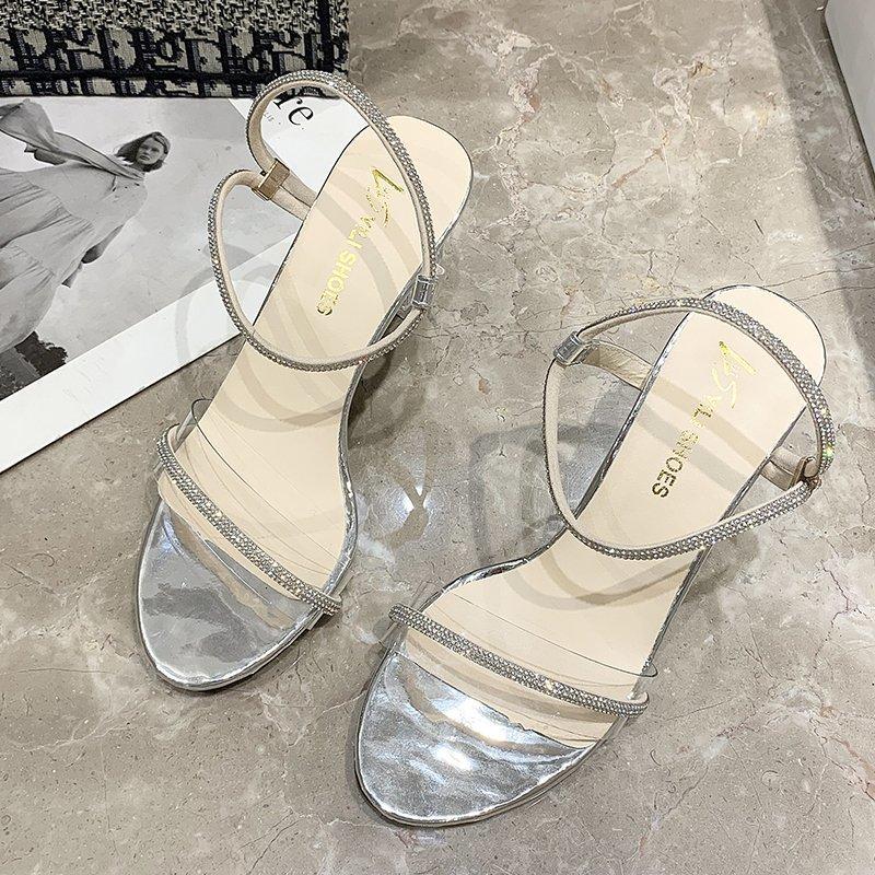 

New summer fashion crystal high heels transparent one-word strap sandals high thick heel 42