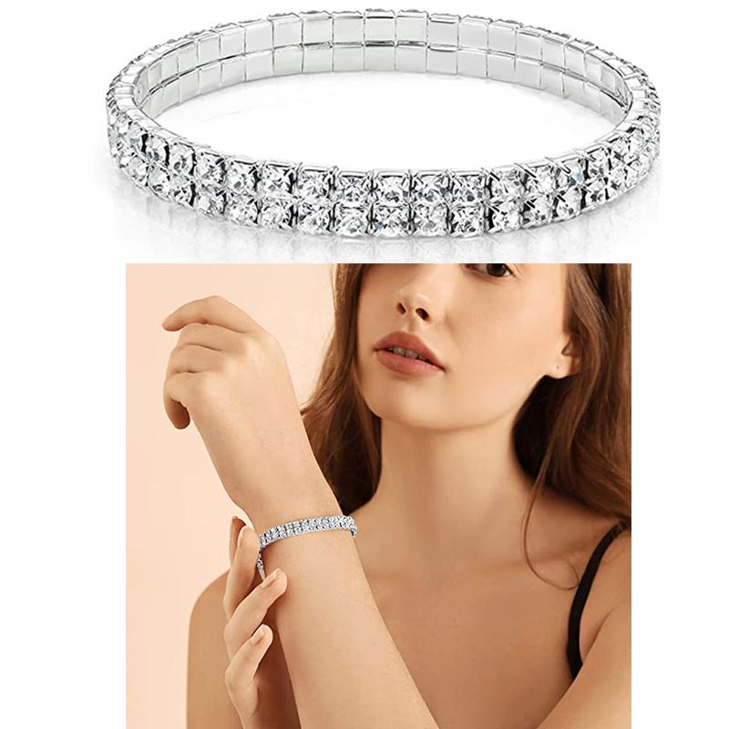 Wedding Elastic Rhinestone Stretch Bracelets,Twinkle Diamond Tennis Bangle,Band Silver Crystal Sparkling Bridal Stackable Bracelet