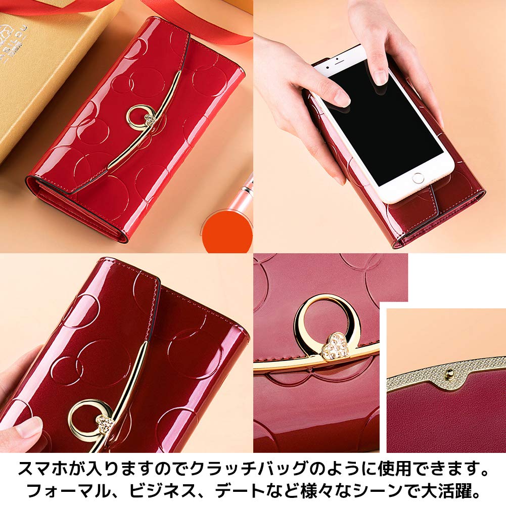 FUPUTWO Women's Large Capacity Enamel Long Wallet with Tri-Fold Card Case (Gold)