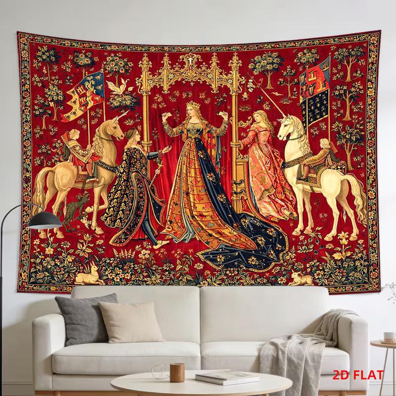 Arazzo Medievale Floreale Rosso 2D Scena di Corte con Unicorno Appeso a Parete