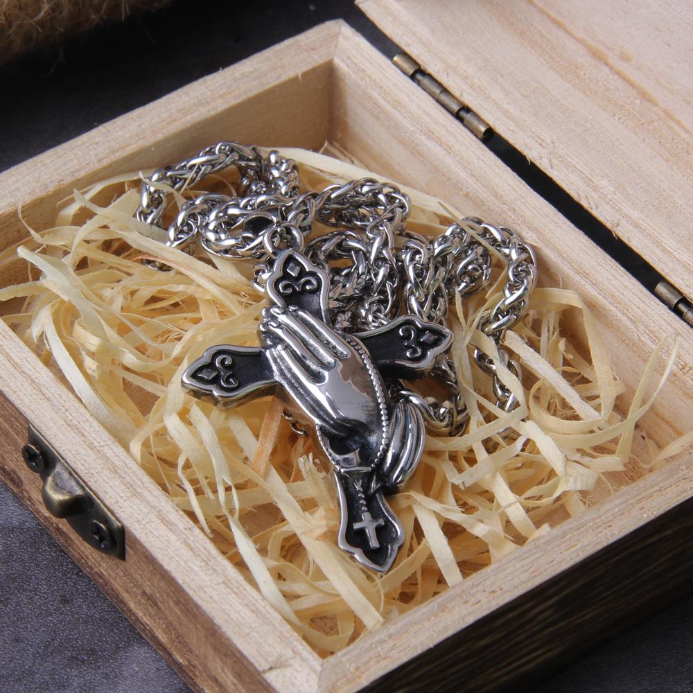 Gothic Punk Cross Pendant Necklace Large Detailed Drill Jewel Pray Hand Tone Fashion Charm Statement Women Gift