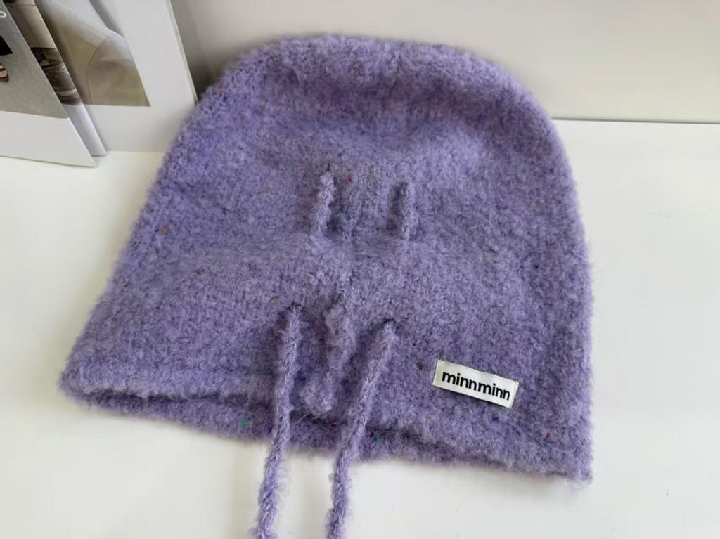 Curling lazy wind outdoor drawstring stacking hat knitted wool pullover hat neat solid color ear protection cold hat bag head