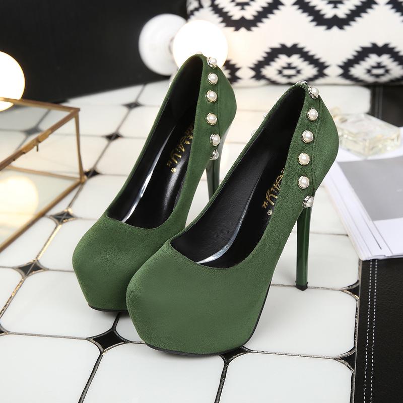 

Весенне-осенние водонепроницаемые туфли с круглым носком, на тонком каблуке, из замши, с открытым верхом, одинарные туфли, женская обувь с жемчужными заклепками 40