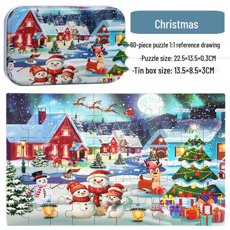 60-Piece Children's Wooden Cartoon Jigsaw Puzzle in Tin Box for Early Education