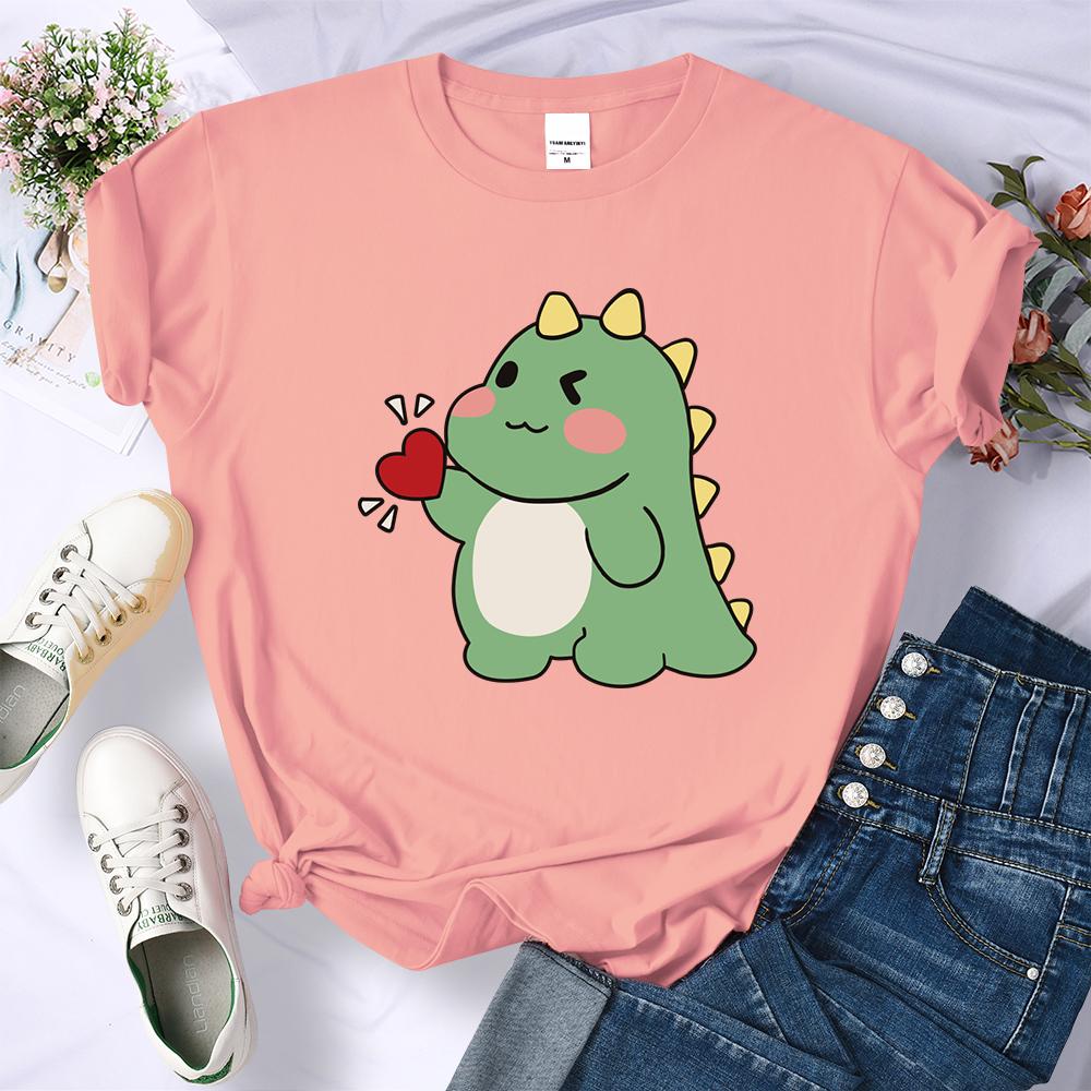 Cute Little Dinosaur Confesses Love Printing Tops Womens Soft Street T-Shirts Sport Hip Hop Tees Clothing Casual Short Sleeve