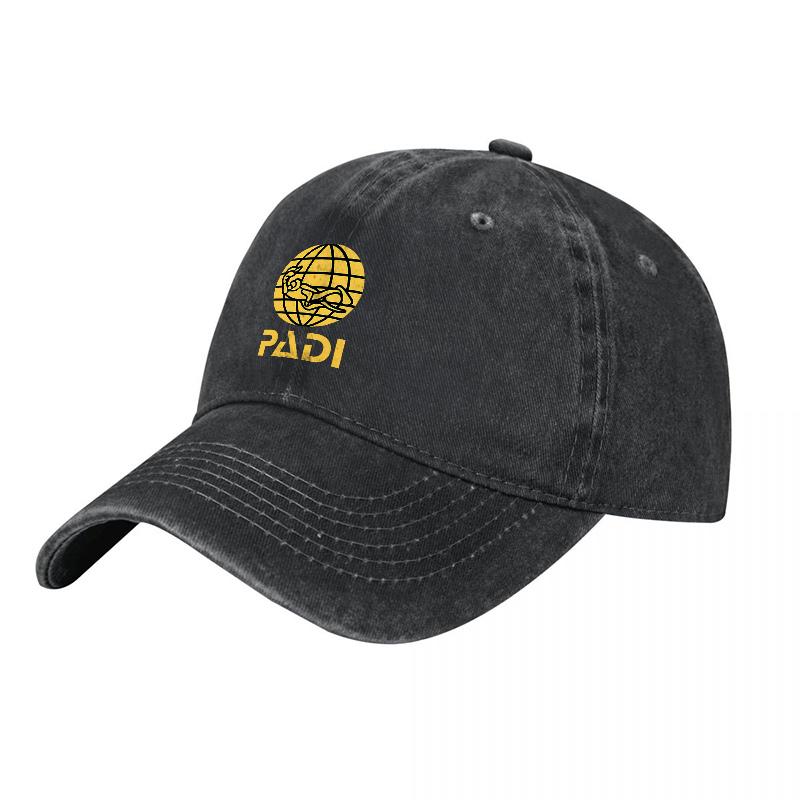 PADI Logo Embroidered Washed Canvas Baseball Cap Unisex Women Outdoor Adventure Hat Black Gold Design Comfortable Adjustable Fit