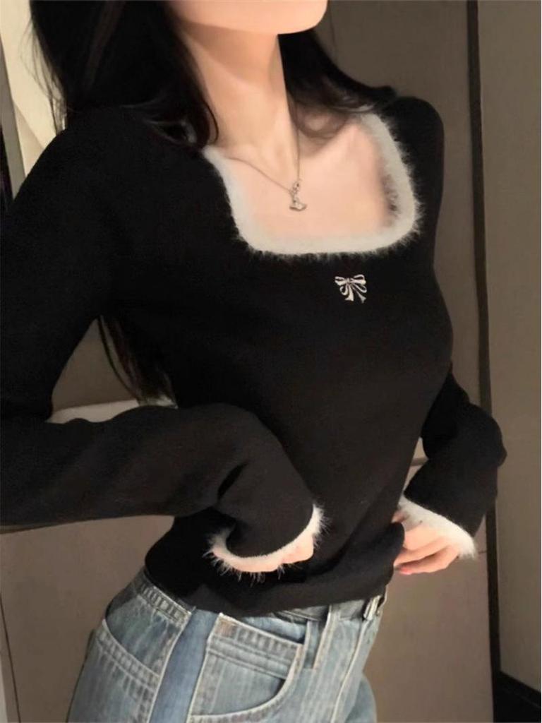 Women's High-End Soft Square Collar Clavicle Top - Slim, Fashionable, Autumn/Winter Style