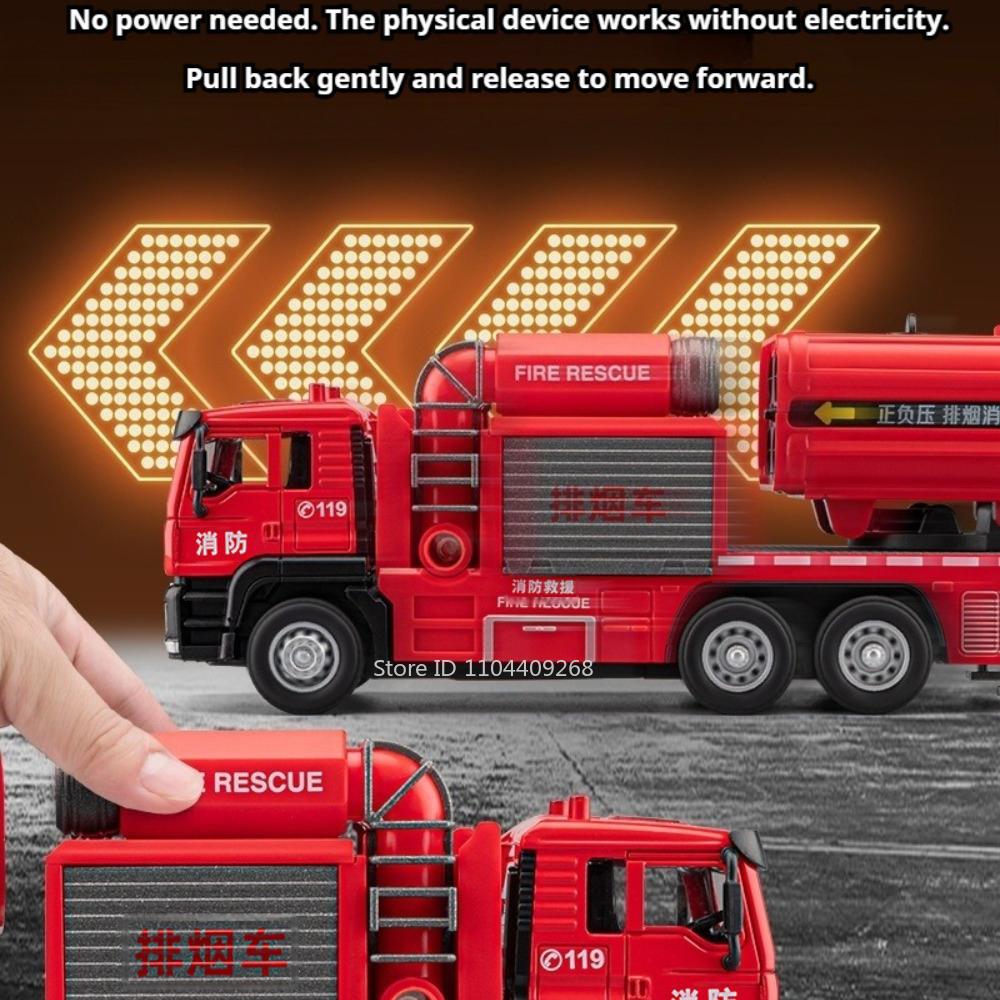 1:50 Smoke Exhaust Fire Truck Water Sprinkler Car Model Toy Pull Back Door Opened Spray Engineering Vehicles Metal Cars Presents