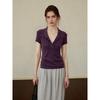 French Premium Purple Polo Neck Short Sleeve Knitted Sweater Women's Slim Lapel Top