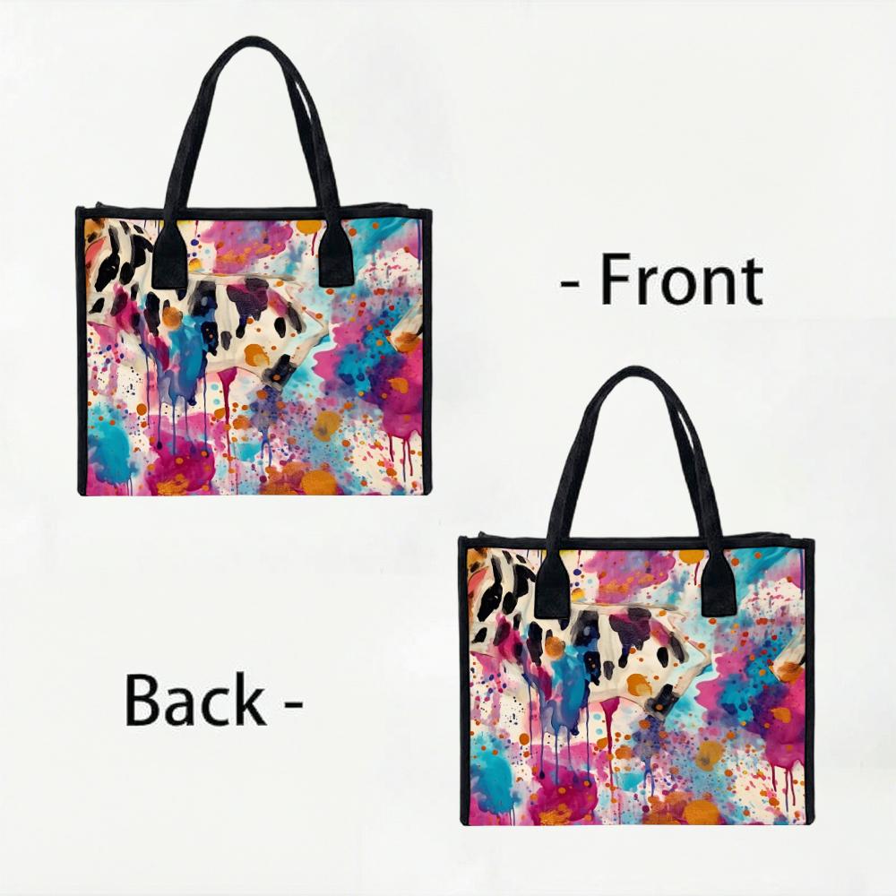 Watercolor Cow Print Tote Bag Casual Large Capacity Handbag for Daily Use