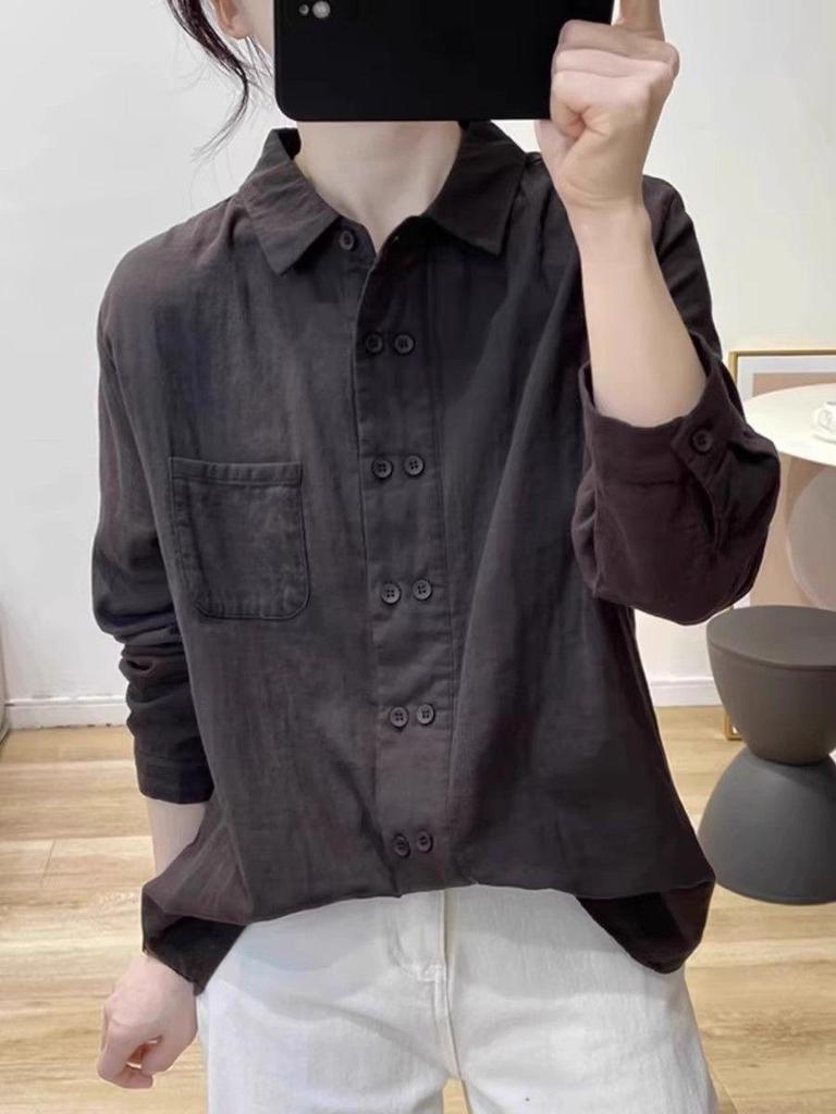 Women's Retro Double-Breasted Cotton Linen Long-Sleeve Polo Shirt