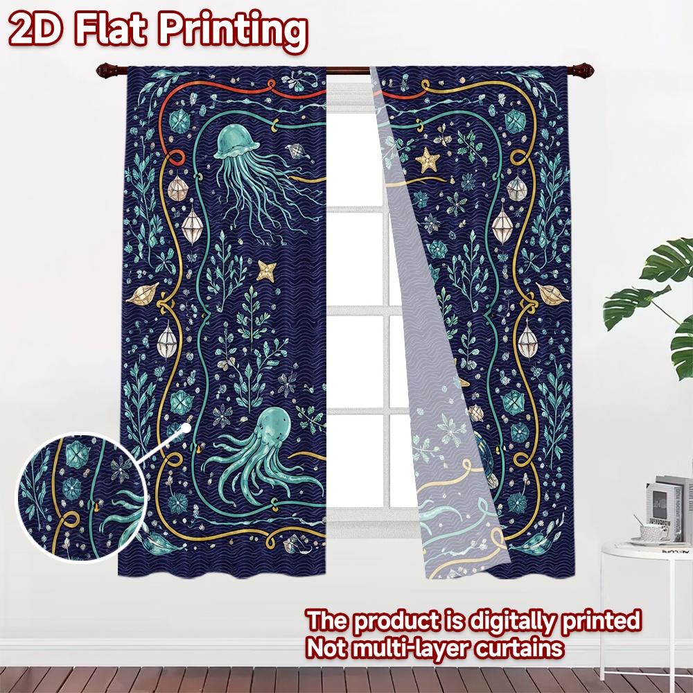2D FLAT PRINTING 2pcs Curtains (Without Rod) Underwater Creatures Design Modern Modern Curtain Durable Polyester Curtains