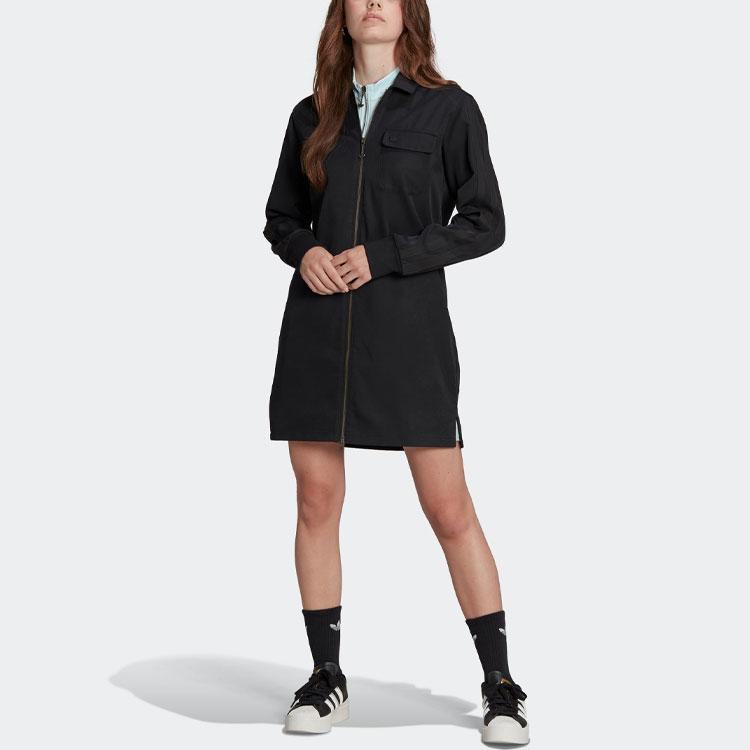 Adidas Originals Adicolor Solid Color Zip Collar Long Sleeve Dress Women dresses Black HN3665