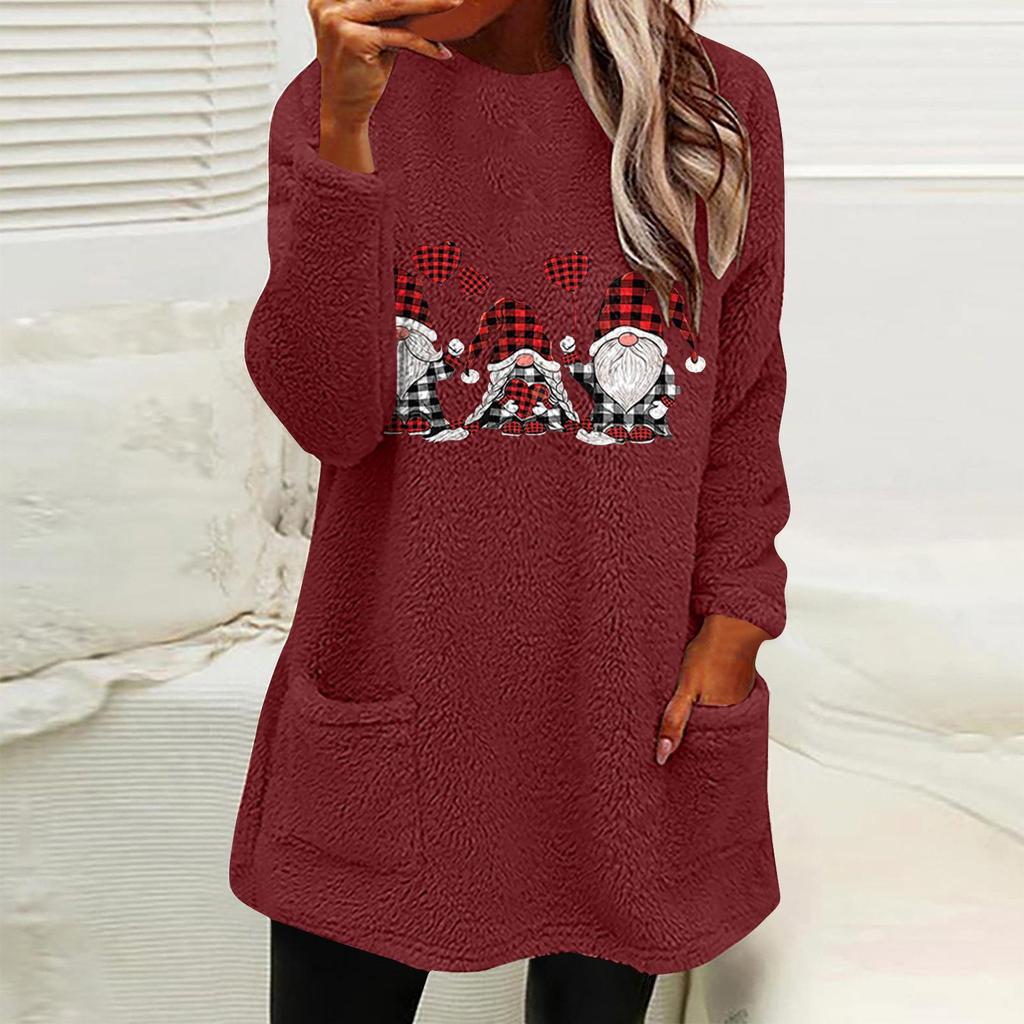 Women's Christmas Gnome Print Plush Hoodie with Pockets and Long Sleeves