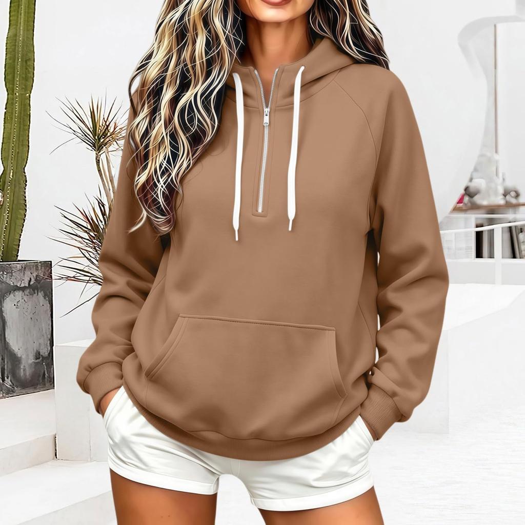Women's Half Zip Hooded Sweatshirt Loose Fit Long Sleeve Color Casual Pullover