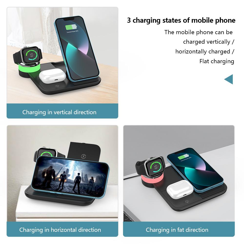 100W Fast Wireless Charger Stand 8 Lights 4 In 1 Foldable Charging Dock Station for iPhone 14 13 12 11Pro Max iWatch 8 7 AirPods