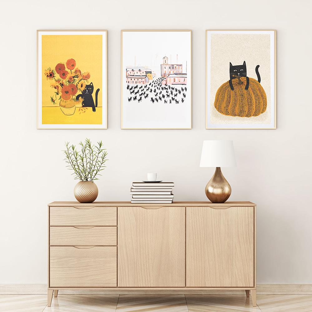 Interesant floarea soarelui, nufărul și pisica poster imprimare dovleac pânză pictură perete artă imagine