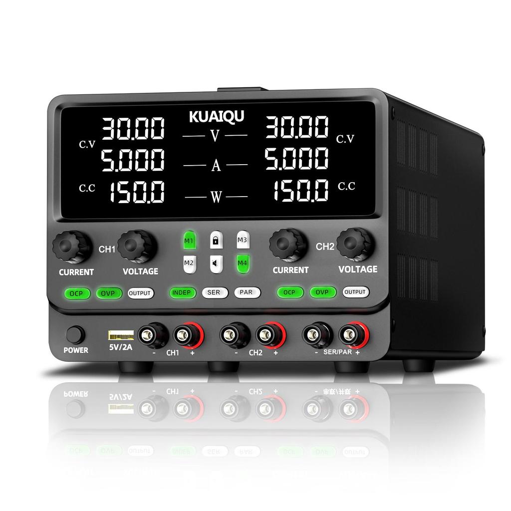 Dual Channel Power Supplies KUAIQU 30V 5A 4 in 1 Indep series parallel OCP & OVP Data storage Panel lock, output switch, encoder knob SPPS305-2KD