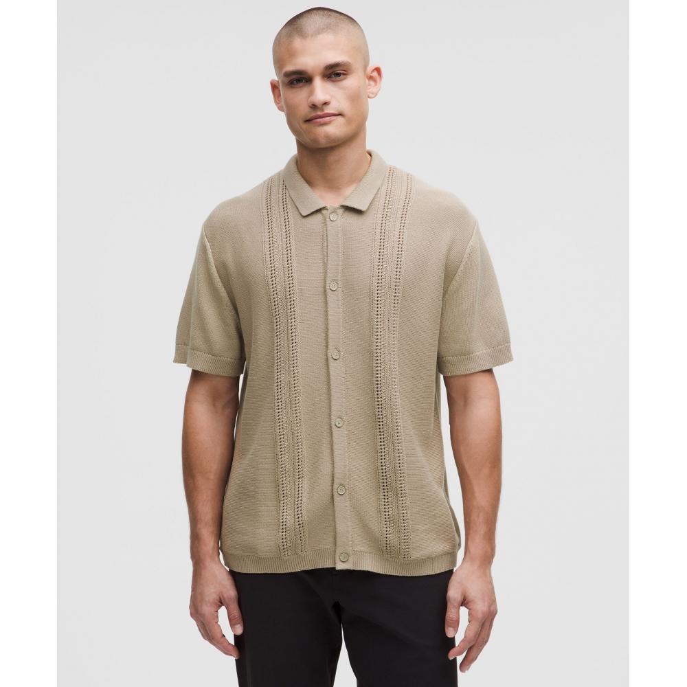 

Lululemon Cotton Blend Knit Button Up Short Sleeve Shirt Sheer Oak XXL