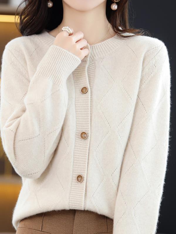 2025 Retro Diamond Lattice Knit Cardigan - Solid Color, Autumn/Winter, Round Neck