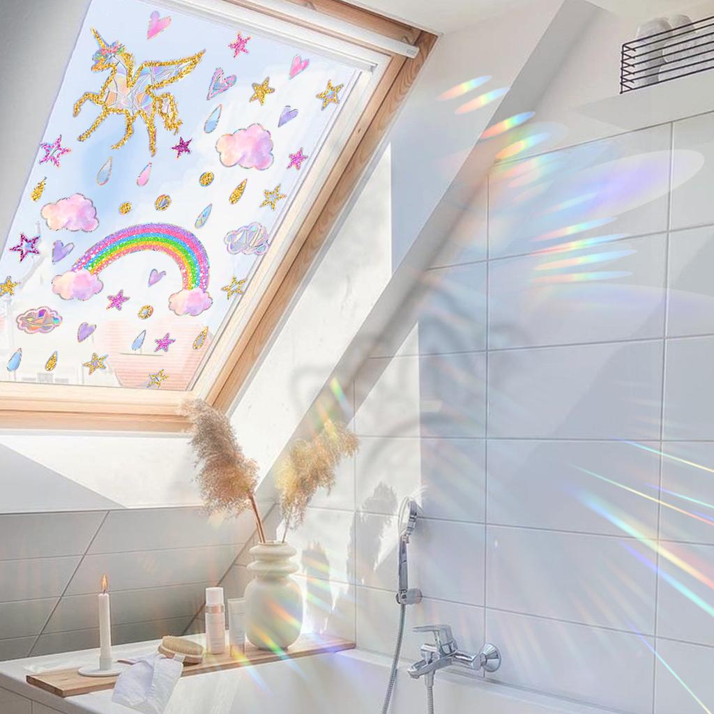 Xc8005 Colorful Sunlight Electrostatic Glass Sticker Rainbow Pony Star Love Raindrop Wall Sticker Window Sticker Decoration